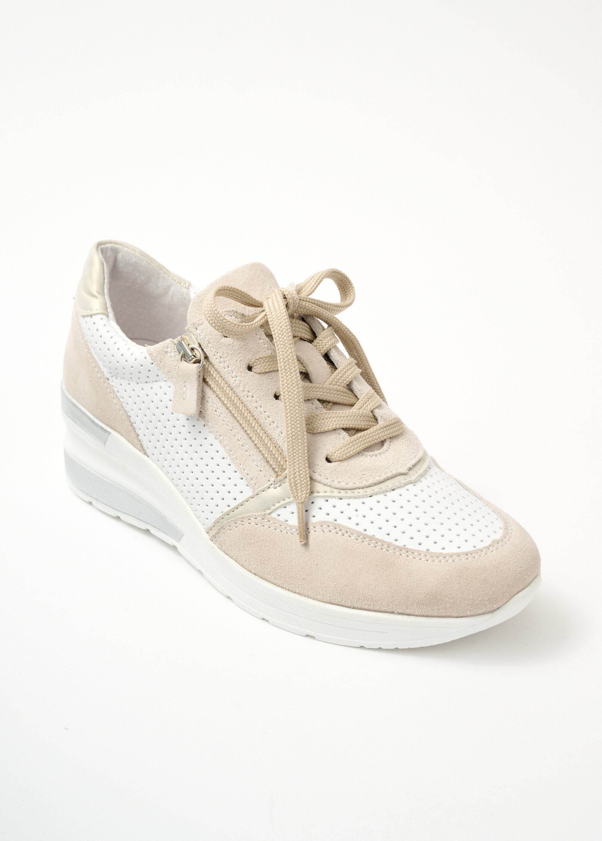 Deportivas cuña ancha de piel Beige y blanco Afibel