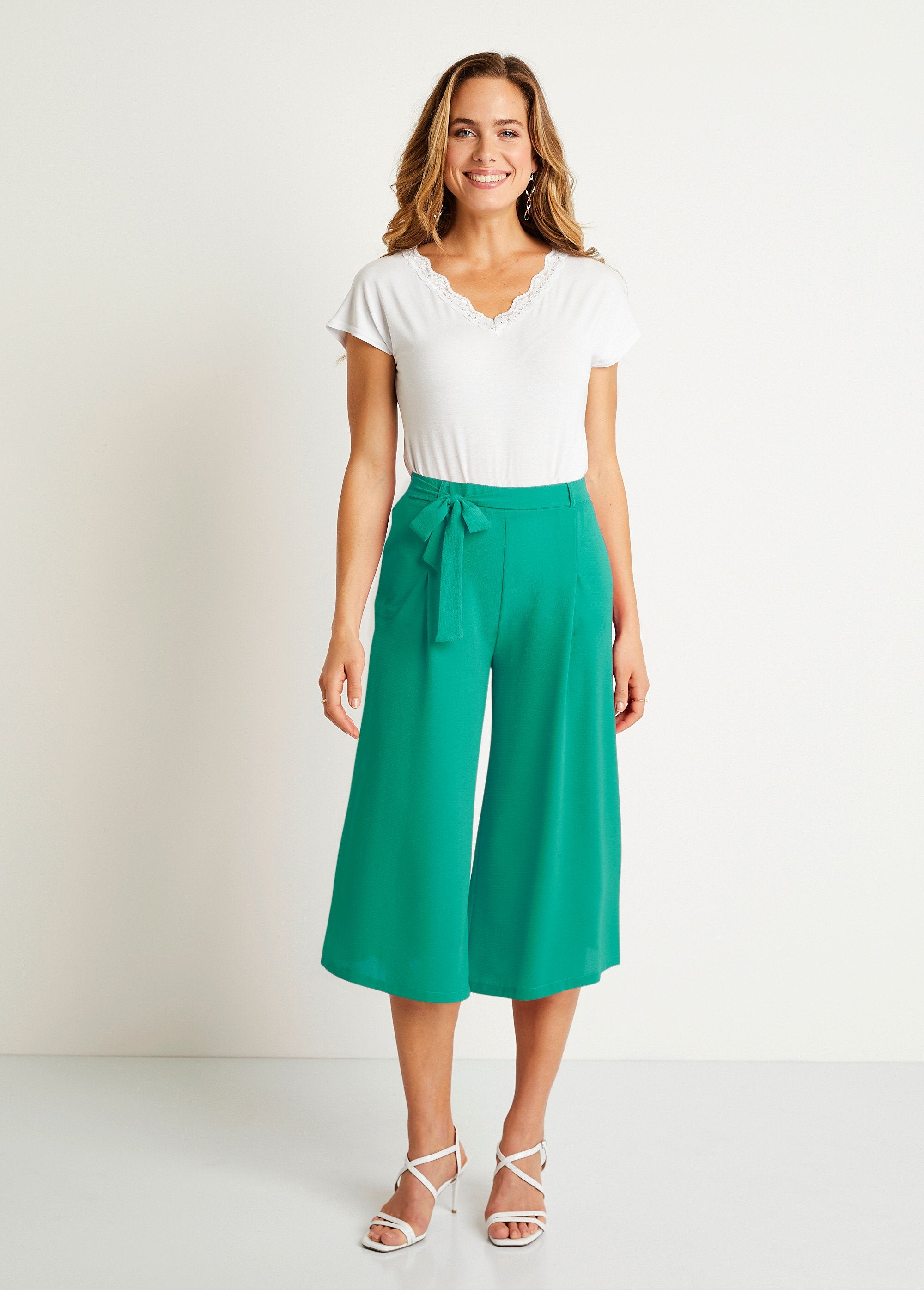 Pantalón_culotte_largo_cintura_semielástica_Verde_liso_SF1_slim