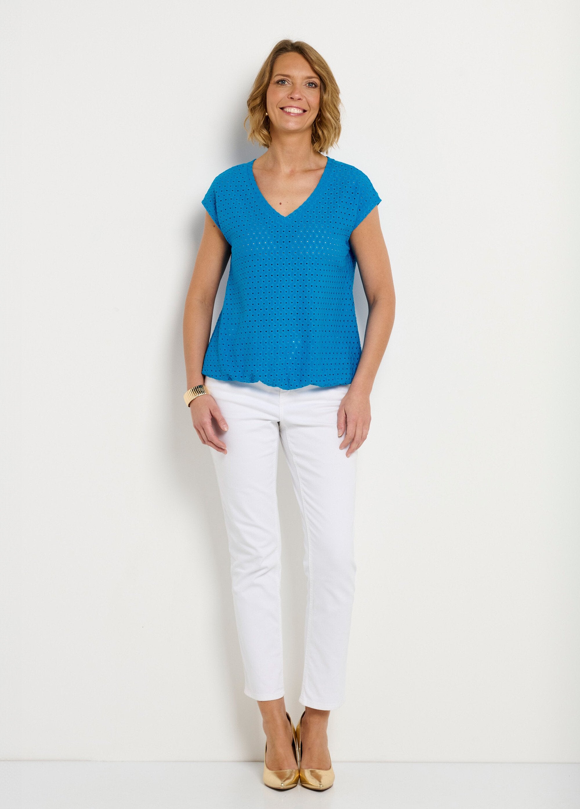 Camiseta_holgada_con_blusa_corta_lisa_de_cuello_en_V_Turquesa_SF1_slim