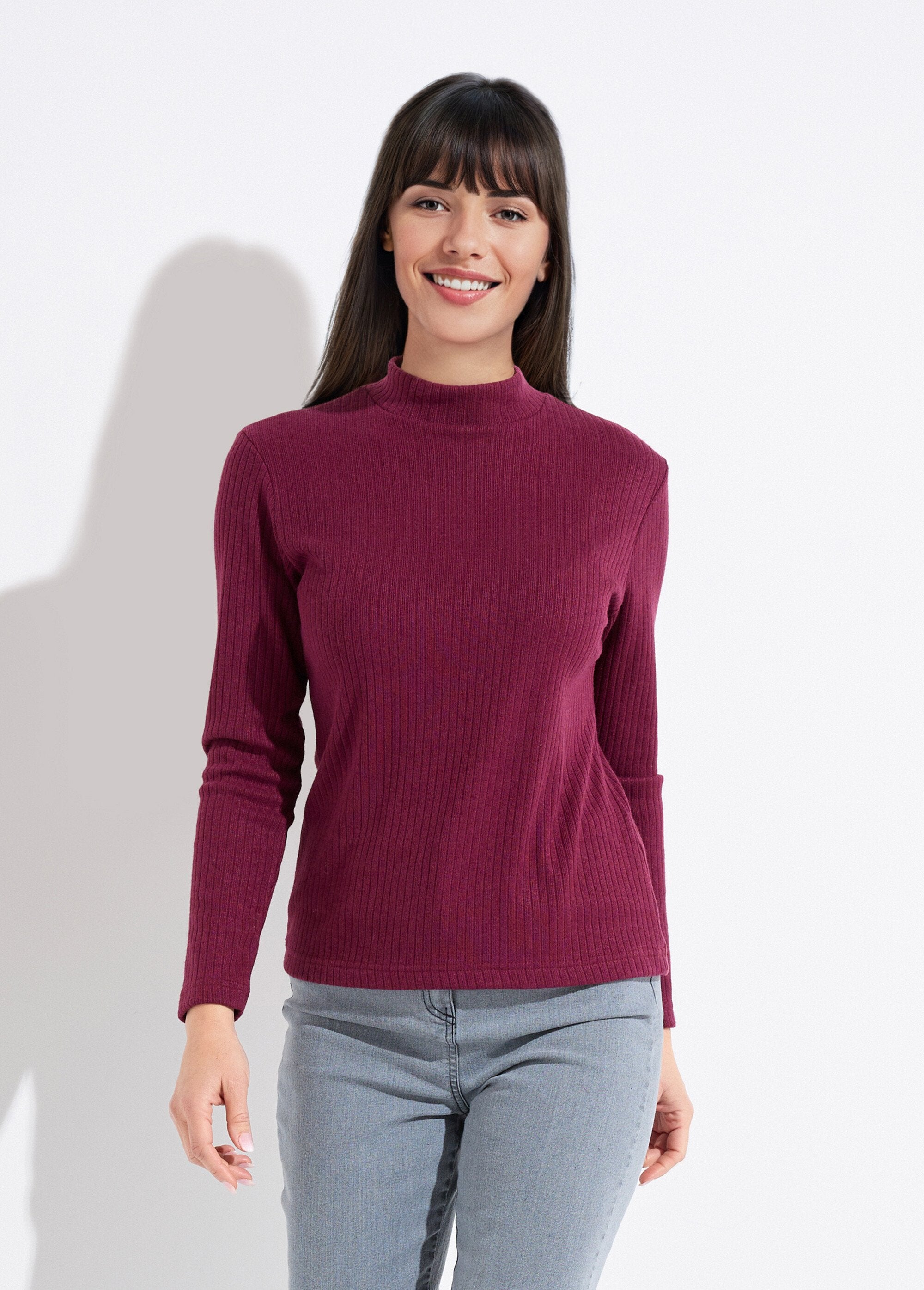 Camiseta de cuello alto y manga larga de punto acanalado Burdeos | Afibel, image size:2000x2791