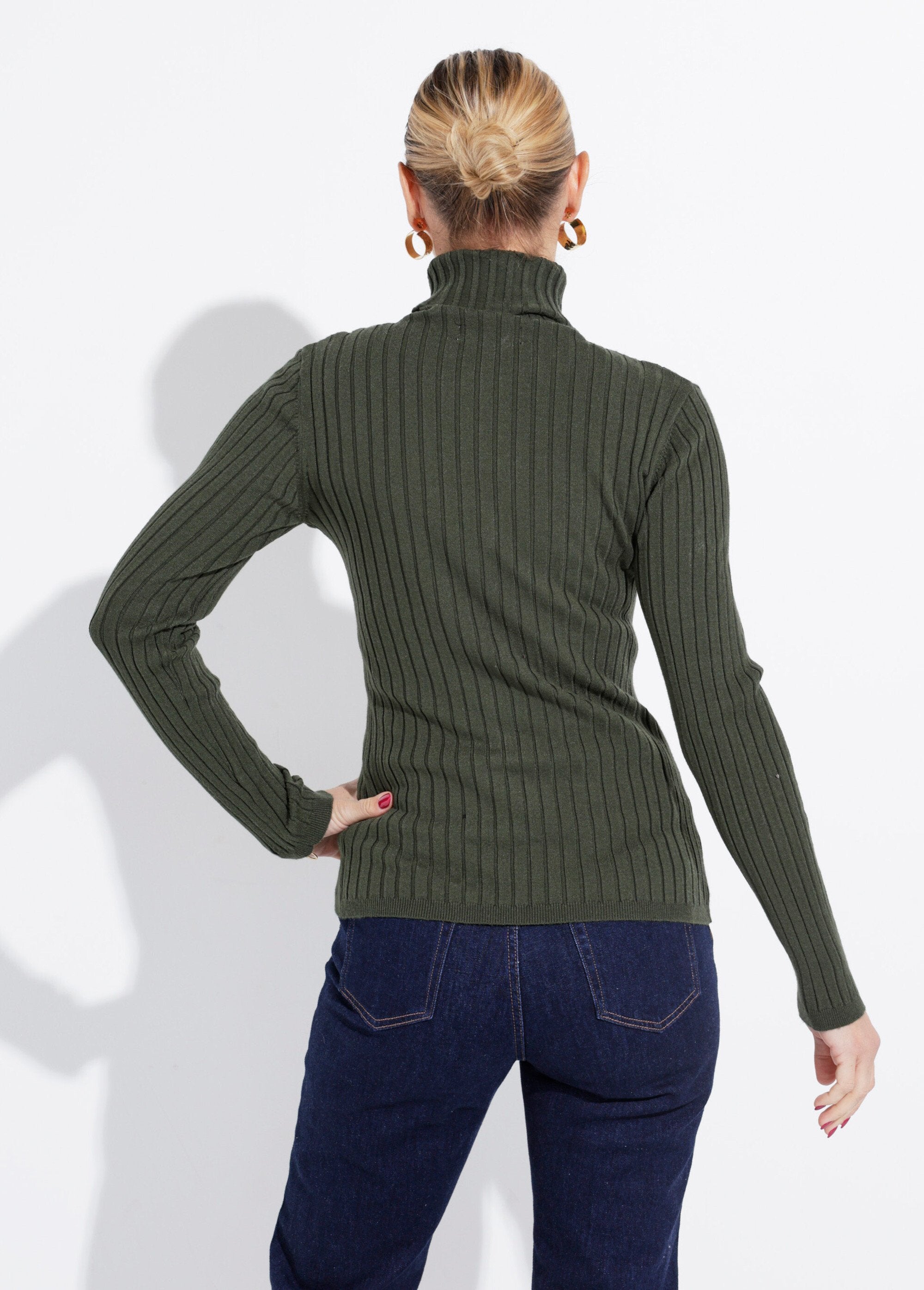 Pull_col_roulé_fin,_mailles_plates_Kaki_DO1_slim