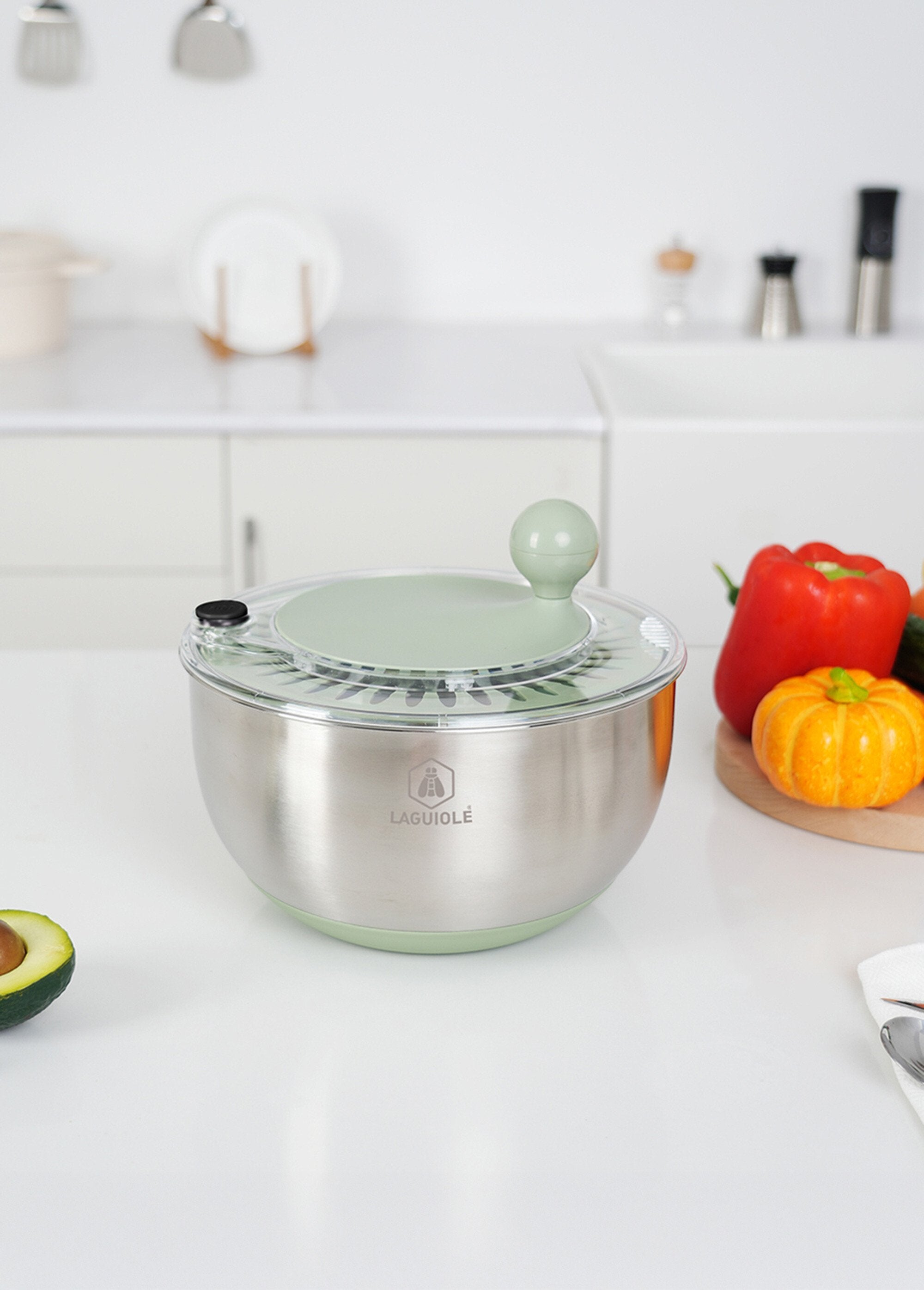 Ensaladera_de_acero_inoxidable/centrifugadora_de_ensaladas_2_en_1_Oliva_y_gris_SF1_slim